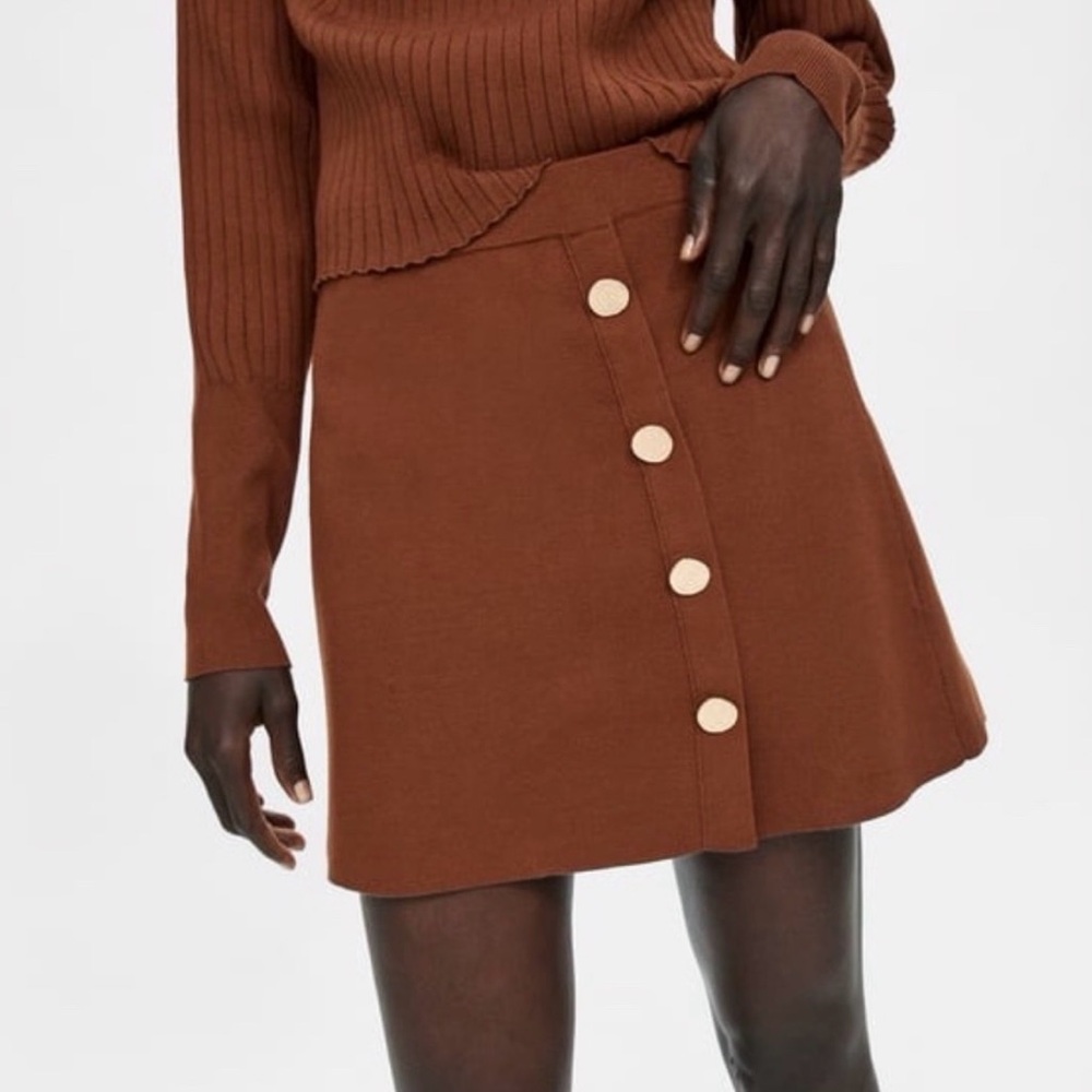 Zara brown knit pull on mini skirt gold button detail comfy fall sz S